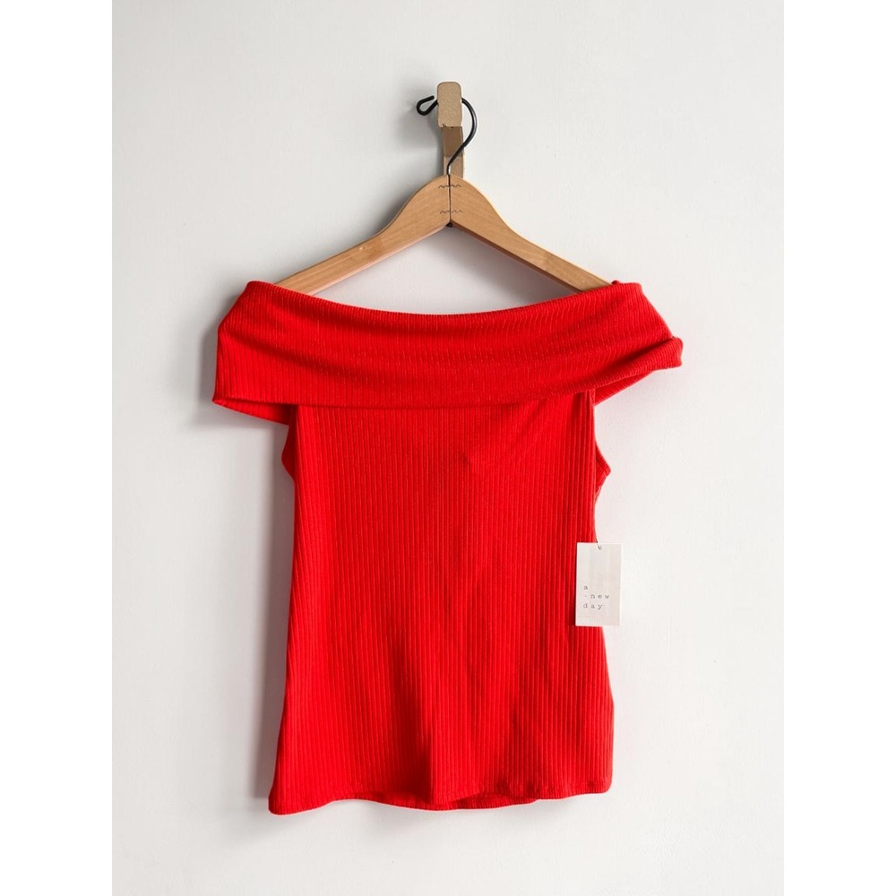 A New Day Red Ribbed Off The Shoulder Top Sleeveless Bardot Knit M